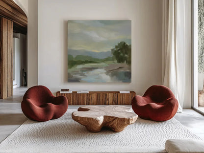 Sage Lake by Silvia Vassileva. Shown as extra-large giant wall art in a modern living room. Available as an archival giclee rolled canvas, fine art paper, or poster print. SKU 68578a.