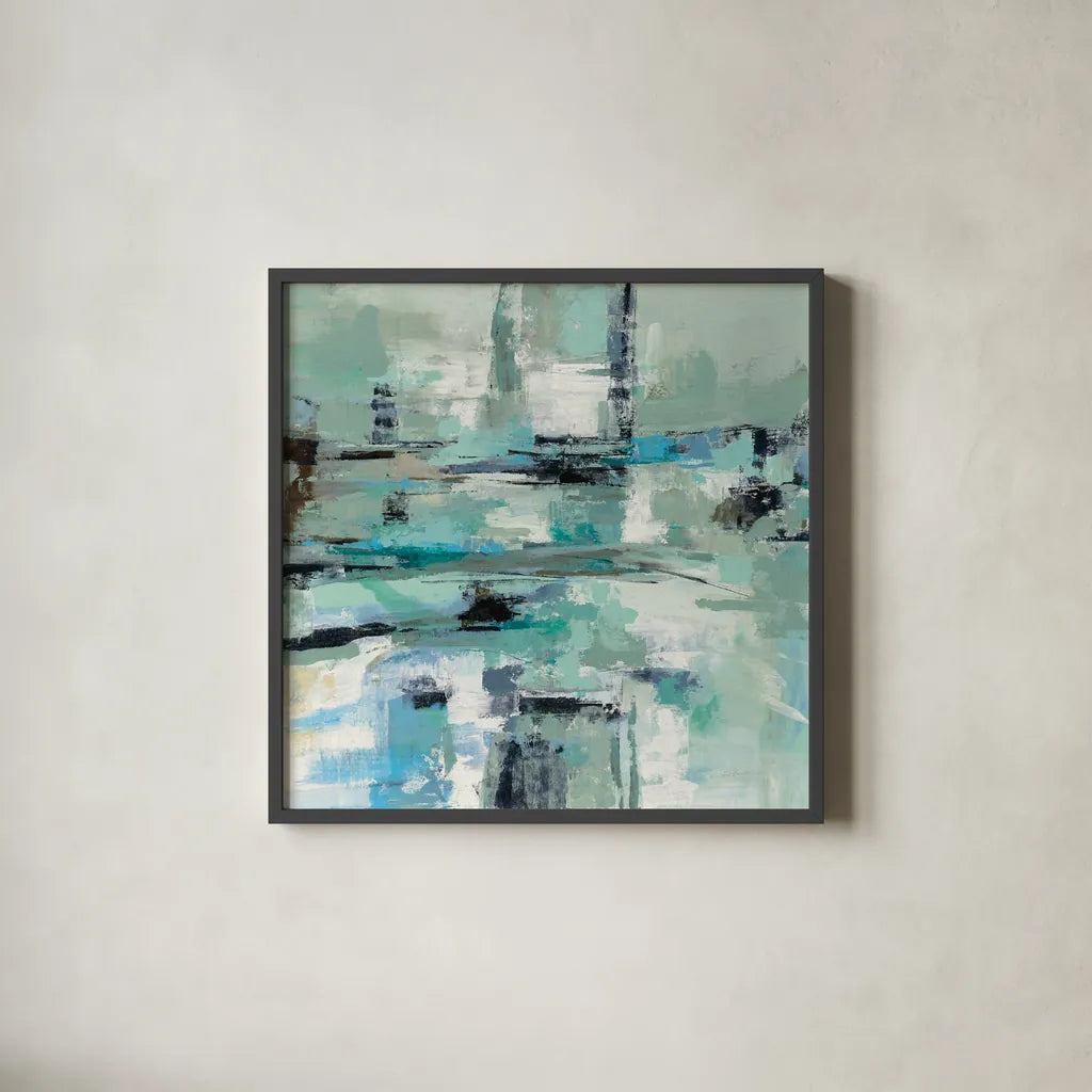 Sage Sea Foam by Silvia Vassileva. Shown in a sleek black glass frame for a contemporary gallery look. Available as an archival giclee rolled canvas, fine art paper, or poster print. SKU 59949a.