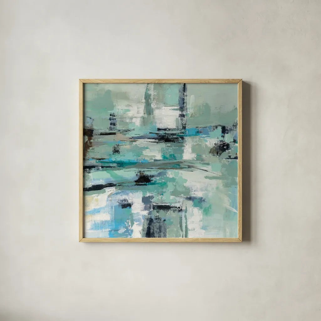 Sage Sea Foam by Silvia Vassileva. Shown in a natural wood glass frame for a timeless modern aesthetic. Available as an archival giclee rolled canvas, fine art paper, or poster print. SKU 59949a.