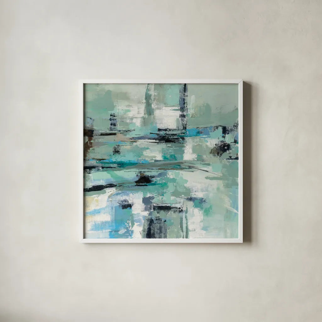 Sage Sea Foam by Silvia Vassileva. Shown in a crisp white glass frame for a clean and minimalist style. Available as an archival giclee rolled canvas, fine art paper, or poster print. SKU 59949a.