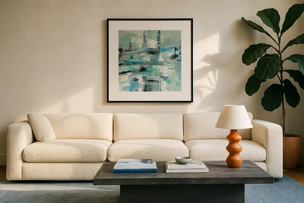 Sage Sea Foam by Silvia Vassileva. Displayed in a glass frame with matte in a clean modern living room. Available as an archival giclee rolled canvas, fine art paper, or poster print. SKU 59949a.