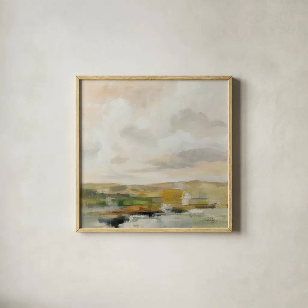 Sage Serenity by Silvia Vassileva. Shown in a natural wood glass frame for a timeless modern aesthetic. Available as an archival giclee rolled canvas, fine art paper, or poster print. SKU 84525a.