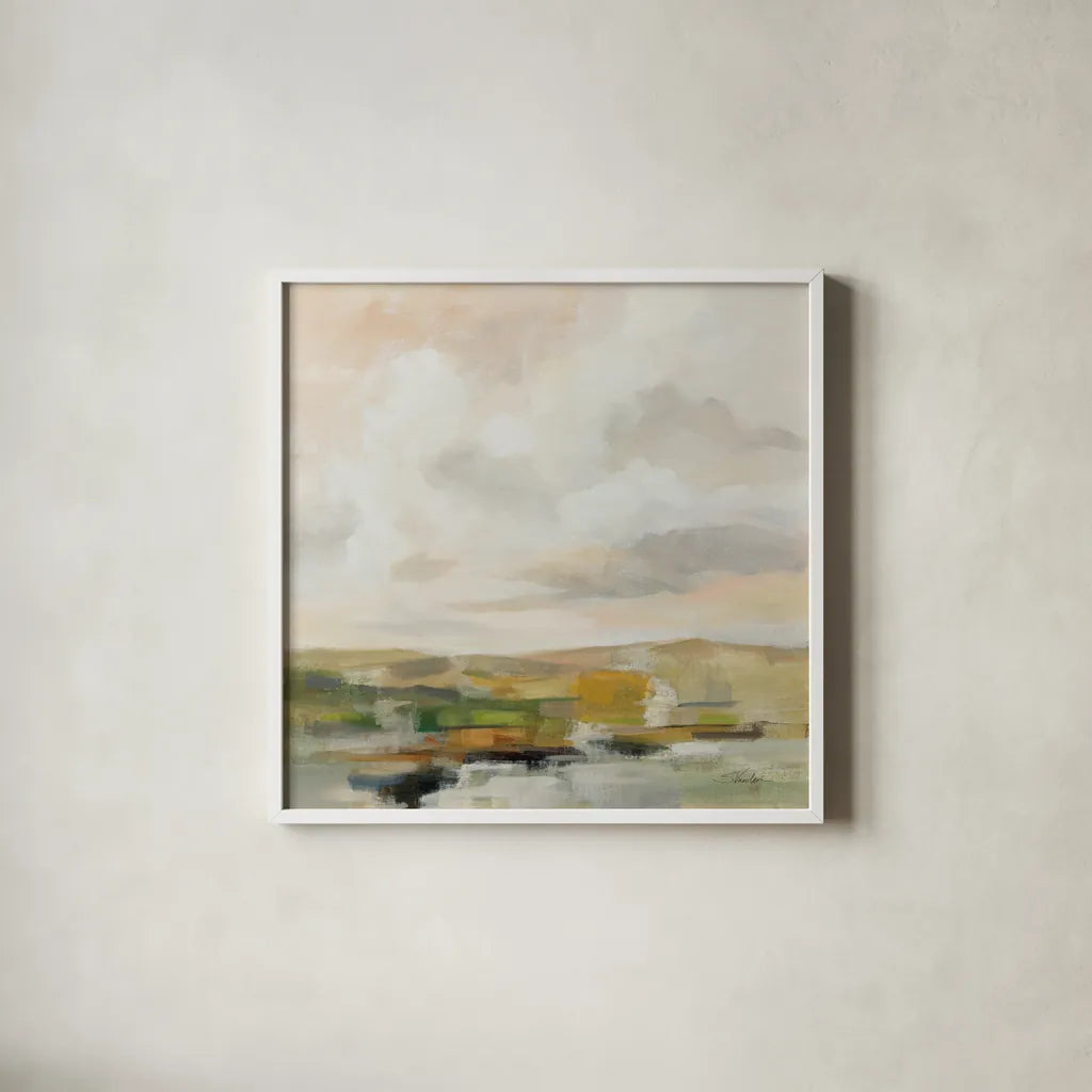 Sage Serenity by Silvia Vassileva. Shown in a crisp white glass frame for a clean and minimalist style. Available as an archival giclee rolled canvas, fine art paper, or poster print. SKU 84525a.