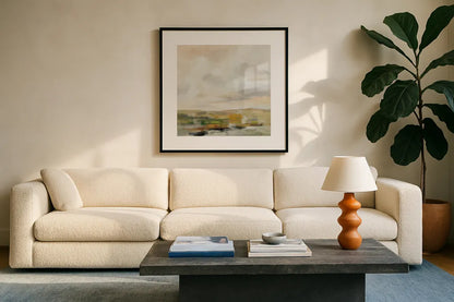 Sage Serenity by Silvia Vassileva. Displayed in a glass frame with matte in a clean modern living room. Available as an archival giclee rolled canvas, fine art paper, or poster print. SKU 84525a.