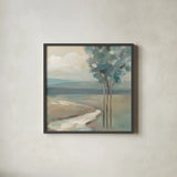Sage Trees No Shrubs Sq by Silvia Vassileva. Shown in a sleek black glass frame for a contemporary gallery look. Available as an archival giclee rolled canvas, fine art paper, or poster print. SKU 79421a.