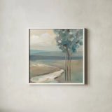 Sage Trees No Shrubs Sq by Silvia Vassileva. Shown in a crisp white glass frame for a clean and minimalist style. Available as an archival giclee rolled canvas, fine art paper, or poster print. SKU 79421a.