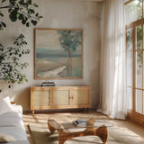 Sage Trees No Shrubs Sq by Silvia Vassileva. Shown in a natural wood frame in a cozy modern living room. Available as an archival giclee rolled canvas, fine art paper, or poster print. SKU 79421a.