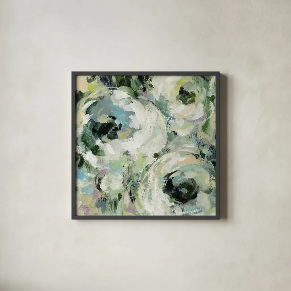 Sage and Lavender Peonies II by Silvia Vassileva. Shown in a sleek black glass frame for a contemporary gallery look. Available as an archival giclee rolled canvas, fine art paper, or poster print. SKU 48716a.