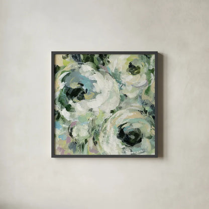 Sage and Lavender Peonies II by Silvia Vassileva. Shown in a sleek black glass frame for a contemporary gallery look. Available as an archival giclee rolled canvas, fine art paper, or poster print. SKU 48716a.