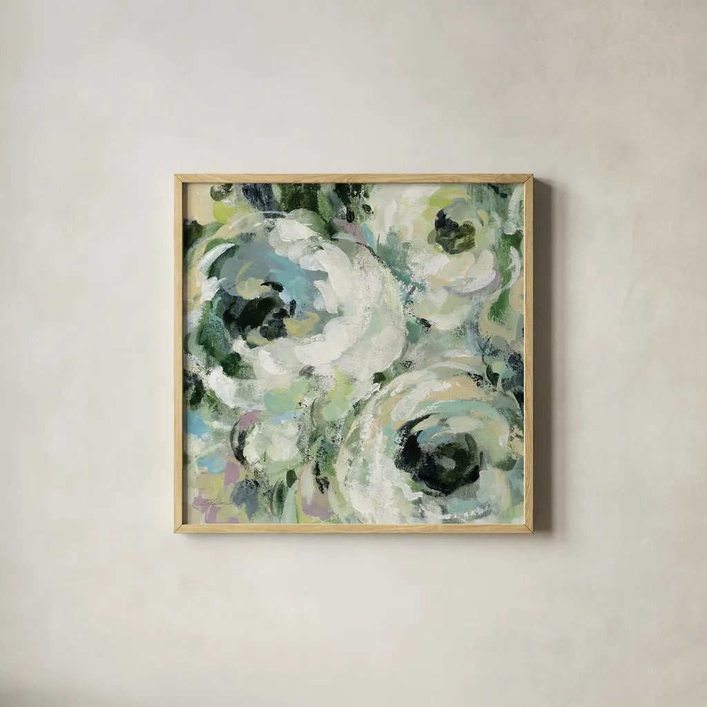 Sage and Lavender Peonies II by Silvia Vassileva. Shown in a natural wood glass frame for a timeless modern aesthetic. Available as an archival giclee rolled canvas, fine art paper, or poster print. SKU 48716a.