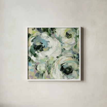 Sage and Lavender Peonies II by Silvia Vassileva. Shown in a crisp white glass frame for a clean and minimalist style. Available as an archival giclee rolled canvas, fine art paper, or poster print. SKU 48716a.