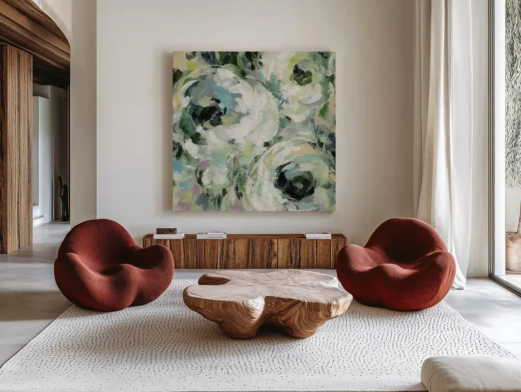Sage and Lavender Peonies II by Silvia Vassileva. Shown as extra-large giant wall art in a modern living room. Available as an archival giclee rolled canvas, fine art paper, or poster print. SKU 48716a.