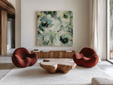 Sage and Lavender Peonies II by Silvia Vassileva. Shown as extra-large giant wall art in a modern living room. Available as an archival giclee rolled canvas, fine art paper, or poster print. SKU 48716a.