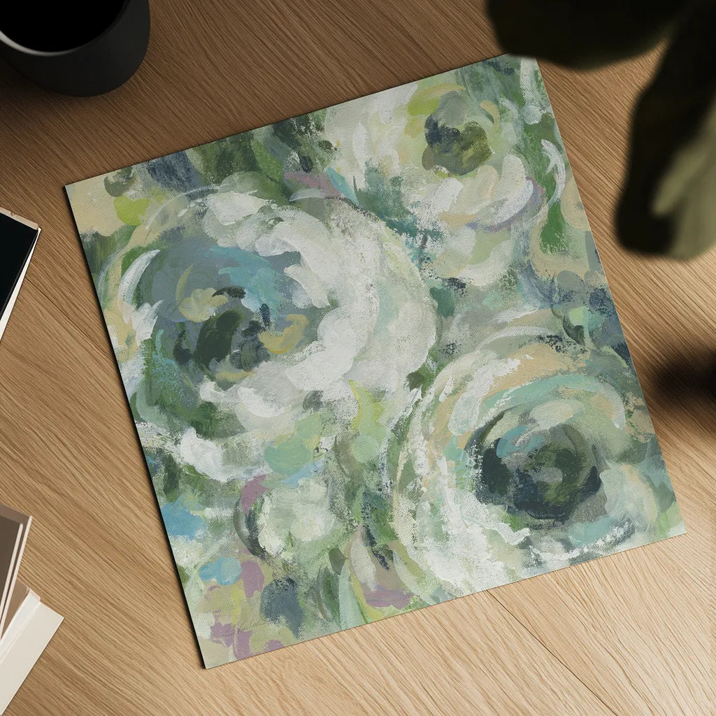 Sage and Lavender Peonies II Light by Silvia Vassileva. Shown as a detailed flat fine art print, highlighting archival giclee quality. Available as an archival giclee rolled canvas, fine art paper, or poster print. SKU 48746a.