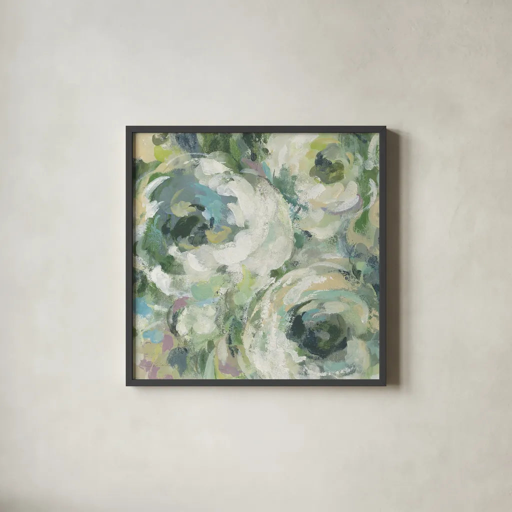 Sage and Lavender Peonies II Light by Silvia Vassileva. Shown in a sleek black glass frame for a contemporary gallery look. Available as an archival giclee rolled canvas, fine art paper, or poster print. SKU 48746a.