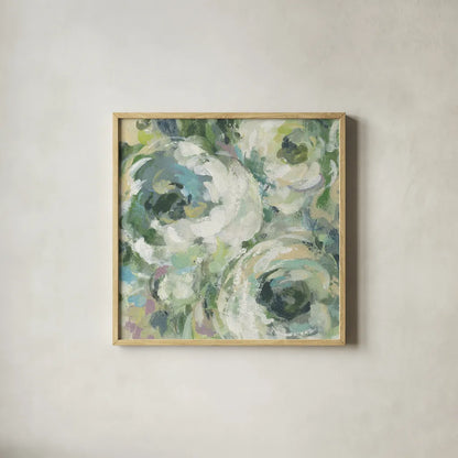 Sage and Lavender Peonies II Light by Silvia Vassileva. Shown in a natural wood glass frame for a timeless modern aesthetic. Available as an archival giclee rolled canvas, fine art paper, or poster print. SKU 48746a.