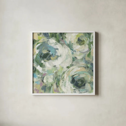 Sage and Lavender Peonies II Light by Silvia Vassileva. Shown in a crisp white glass frame for a clean and minimalist style. Available as an archival giclee rolled canvas, fine art paper, or poster print. SKU 48746a.