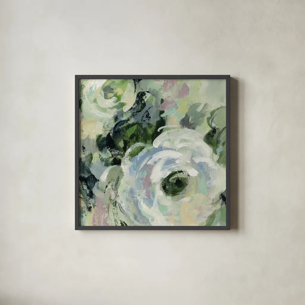 Sage and Lavender Peonies III by Silvia Vassileva. Shown in a sleek black glass frame for a contemporary gallery look. Available as an archival giclee rolled canvas, fine art paper, or poster print. SKU 48717a.