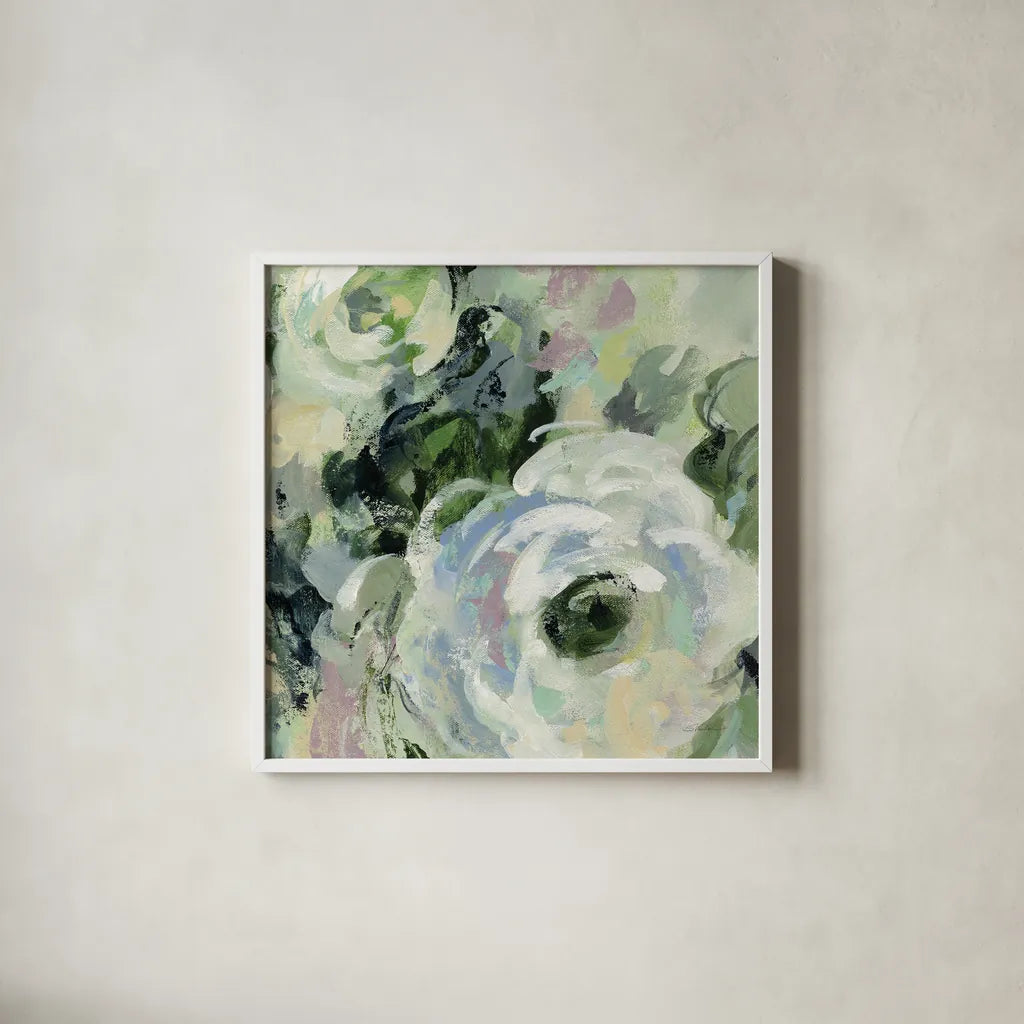 Sage and Lavender Peonies III by Silvia Vassileva. Shown in a crisp white glass frame for a clean and minimalist style. Available as an archival giclee rolled canvas, fine art paper, or poster print. SKU 48717a.