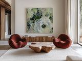 Sage and Lavender Peonies III by Silvia Vassileva. Shown as extra-large giant wall art in a modern living room. Available as an archival giclee rolled canvas, fine art paper, or poster print. SKU 48717a.