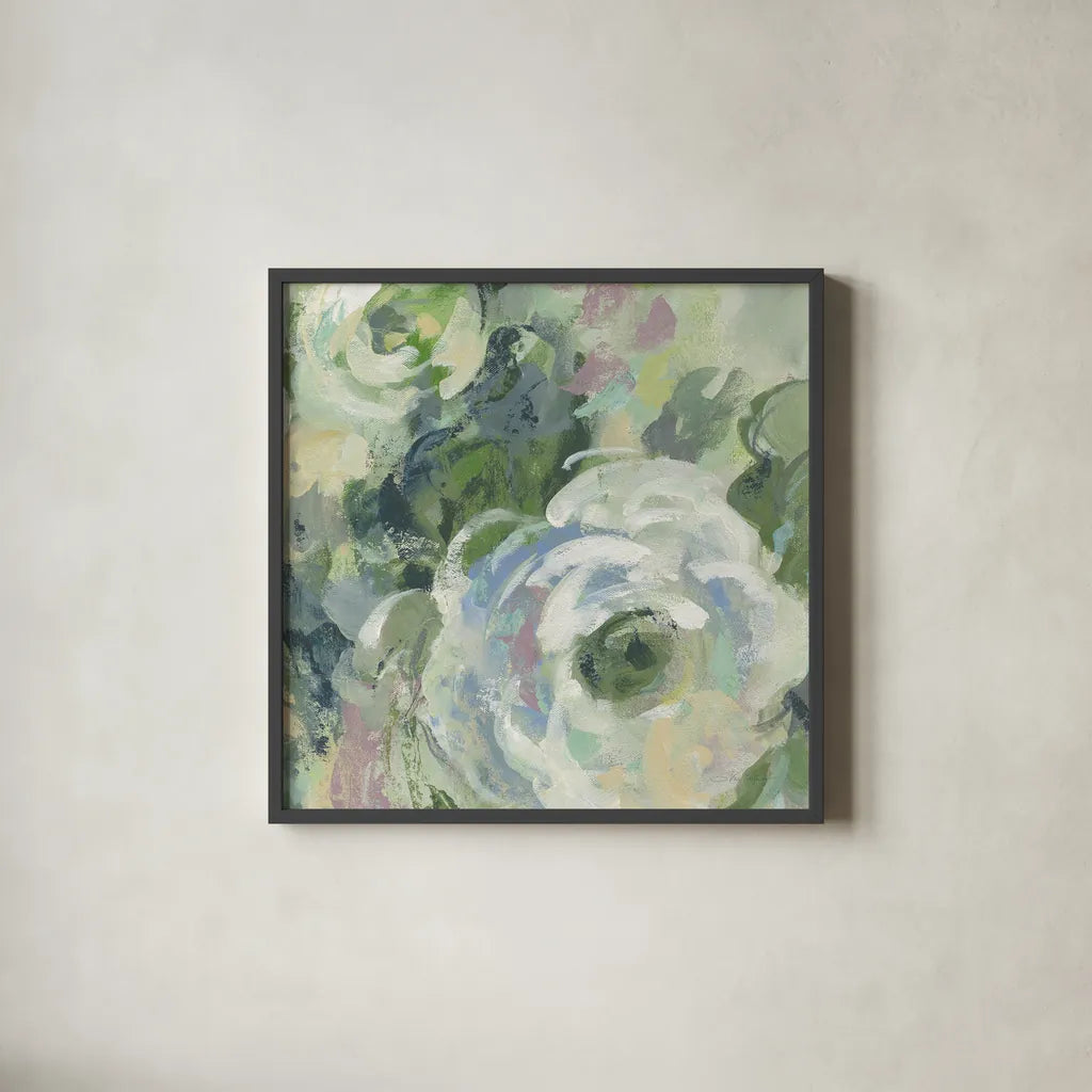 Sage and Lavender Peonies III Light by Silvia Vassileva. Shown in a sleek black glass frame for a contemporary gallery look. Available as an archival giclee rolled canvas, fine art paper, or poster print. SKU 48747a.
