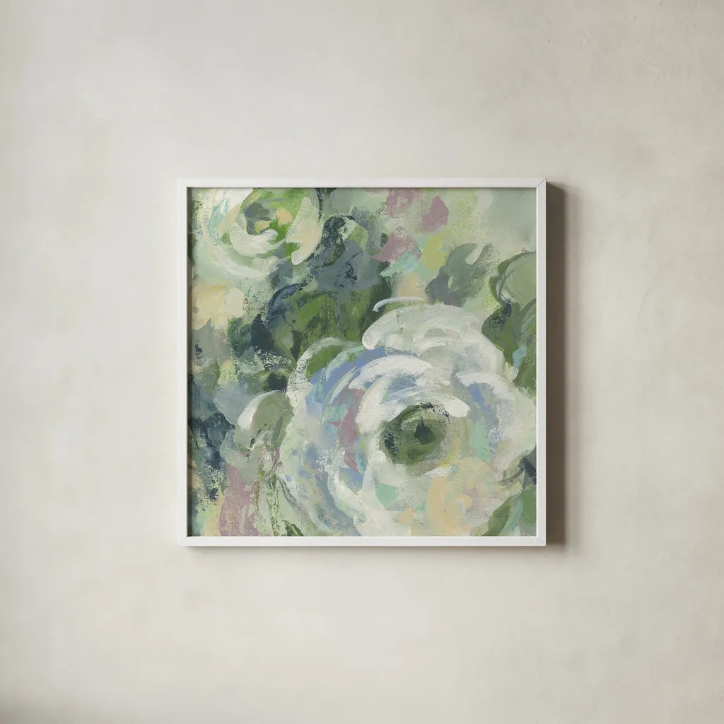 Sage and Lavender Peonies III Light by Silvia Vassileva. Shown in a crisp white glass frame for a clean and minimalist style. Available as an archival giclee rolled canvas, fine art paper, or poster print. SKU 48747a.