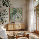 Sage and Lavender Peonies III Light by Silvia Vassileva. Shown in a natural wood frame in a cozy modern living room. Available as an archival giclee rolled canvas, fine art paper, or poster print. SKU 48747a.