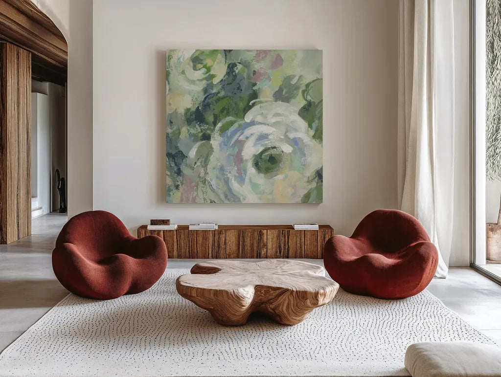 Sage and Lavender Peonies III Light by Silvia Vassileva. Shown as extra-large giant wall art in a modern living room. Available as an archival giclee rolled canvas, fine art paper, or poster print. SKU 48747a.