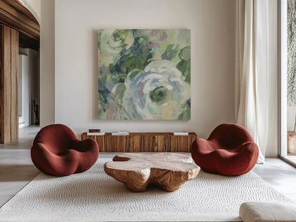 Sage and Lavender Peonies III Light by Silvia Vassileva. Shown as extra-large giant wall art in a modern living room. Available as an archival giclee rolled canvas, fine art paper, or poster print. SKU 48747a.