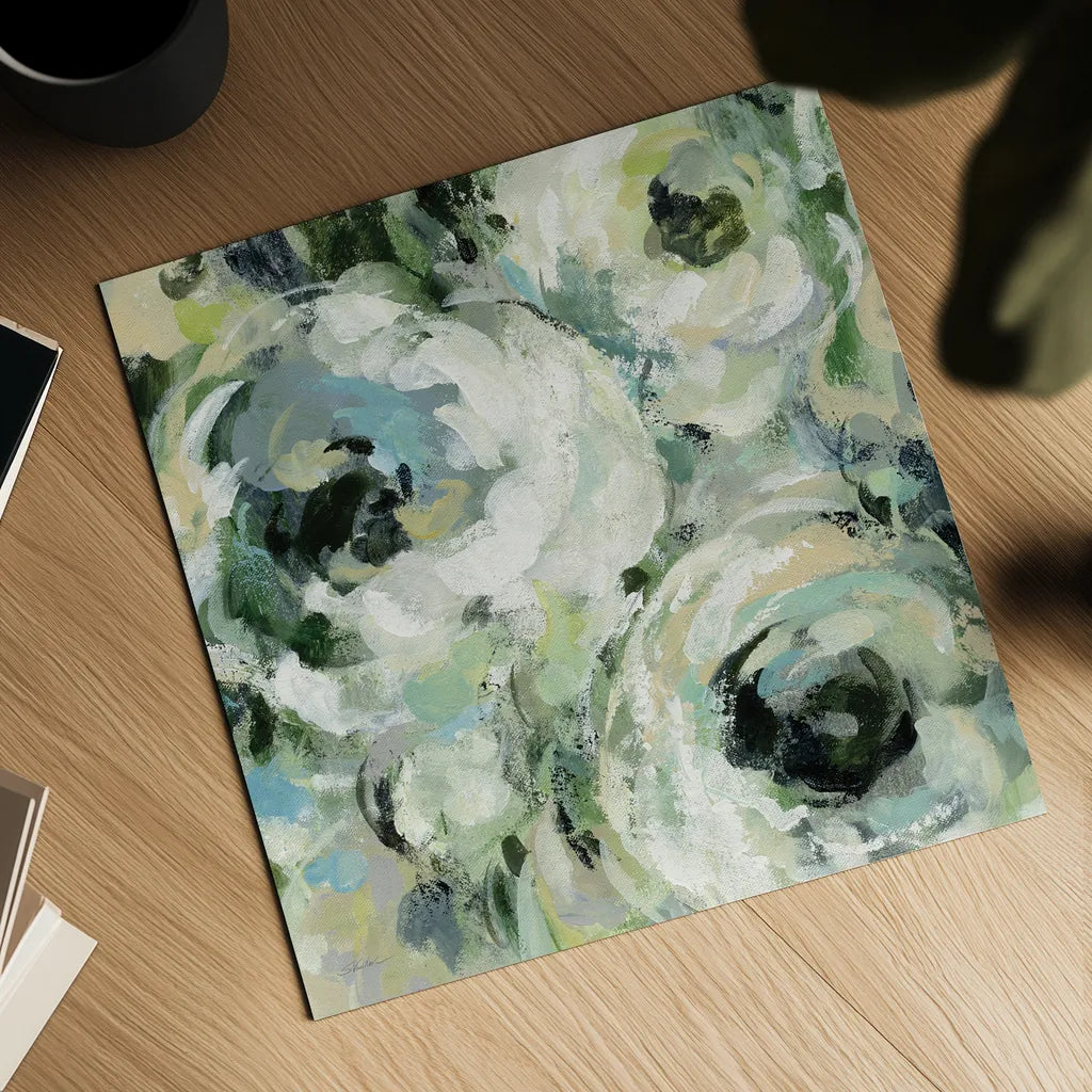 Sage and Neutral Peonies II by Silvia Vassileva. Shown as a detailed flat fine art print, highlighting archival giclee quality. Available as an archival giclee rolled canvas, fine art paper, or poster print. SKU 49783a.