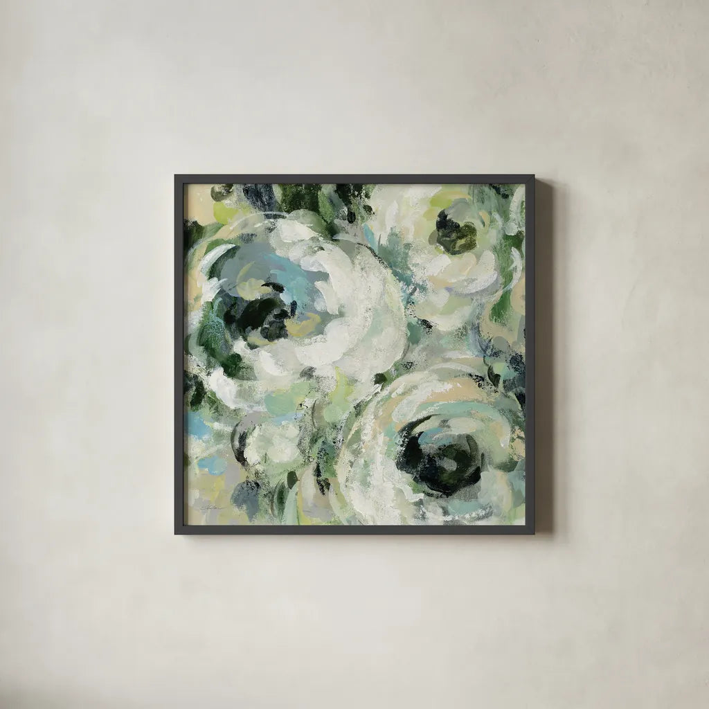 Sage and Neutral Peonies II by Silvia Vassileva. Shown in a sleek black glass frame for a contemporary gallery look. Available as an archival giclee rolled canvas, fine art paper, or poster print. SKU 49783a.