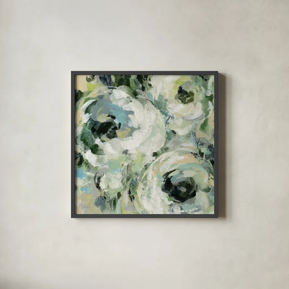 Sage and Neutral Peonies II by Silvia Vassileva. Shown in a sleek black glass frame for a contemporary gallery look. Available as an archival giclee rolled canvas, fine art paper, or poster print. SKU 49783a.