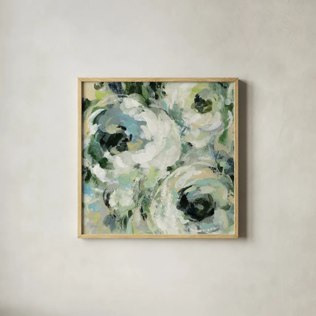 Sage and Neutral Peonies II by Silvia Vassileva. Shown in a natural wood glass frame for a timeless modern aesthetic. Available as an archival giclee rolled canvas, fine art paper, or poster print. SKU 49783a.