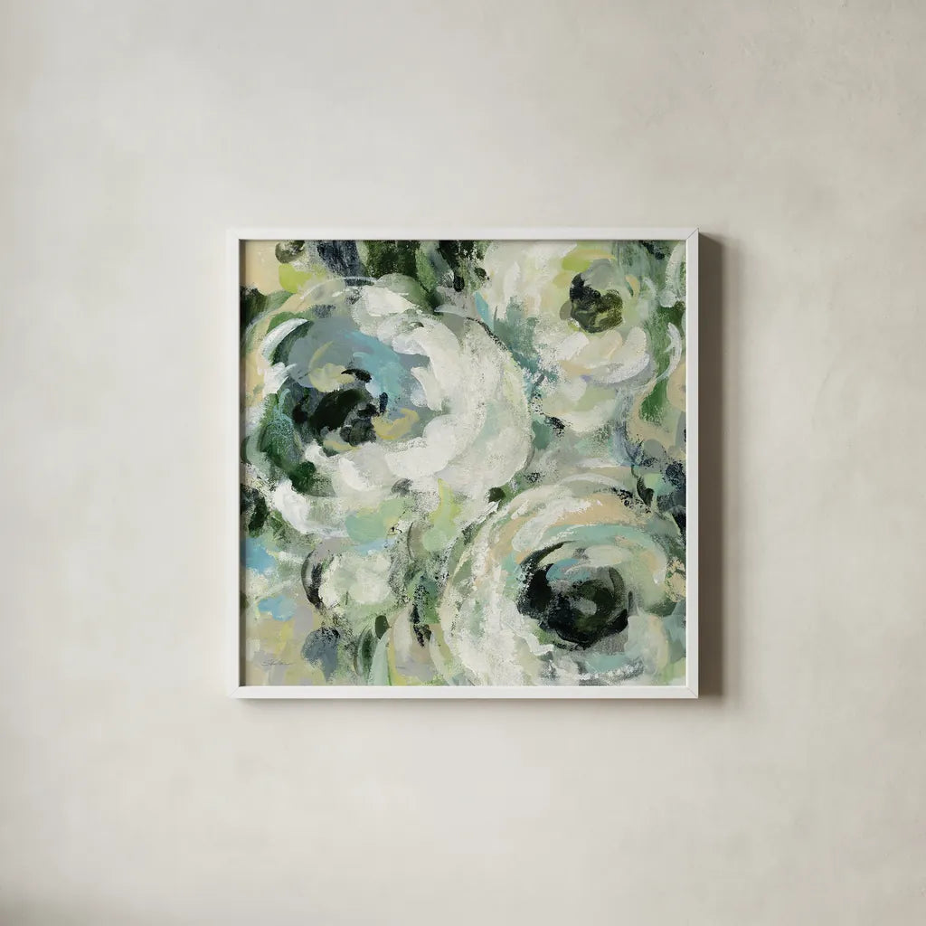 Sage and Neutral Peonies II by Silvia Vassileva. Shown in a crisp white glass frame for a clean and minimalist style. Available as an archival giclee rolled canvas, fine art paper, or poster print. SKU 49783a.