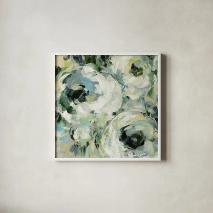 Sage and Neutral Peonies II by Silvia Vassileva. Shown in a crisp white glass frame for a clean and minimalist style. Available as an archival giclee rolled canvas, fine art paper, or poster print. SKU 49783a.