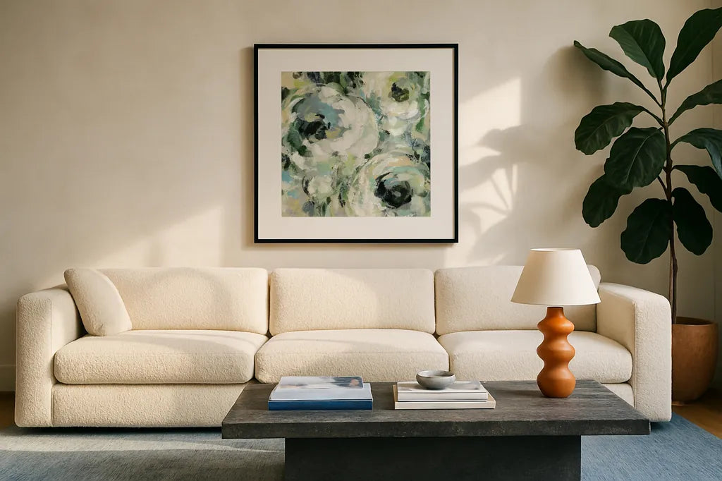Sage and Neutral Peonies II by Silvia Vassileva. Displayed in a glass frame with matte in a clean modern living room. Available as an archival giclee rolled canvas, fine art paper, or poster print. SKU 49783a.