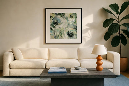 Sage and Neutral Peonies II by Silvia Vassileva. Displayed in a glass frame with matte in a clean modern living room. Available as an archival giclee rolled canvas, fine art paper, or poster print. SKU 49783a.