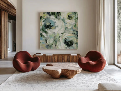 Sage and Neutral Peonies II by Silvia Vassileva. Shown as extra-large giant wall art in a modern living room. Available as an archival giclee rolled canvas, fine art paper, or poster print. SKU 49783a.