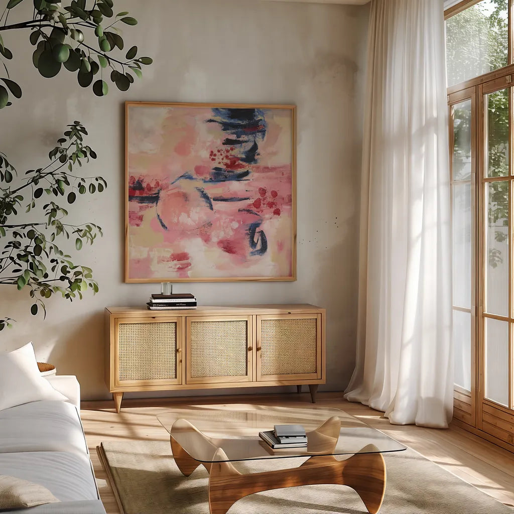 Sakura II by Silvia Vassileva. Shown in a natural wood frame in a cozy modern living room. Available as an archival giclee rolled canvas, fine art paper, or poster print. SKU 37337a.