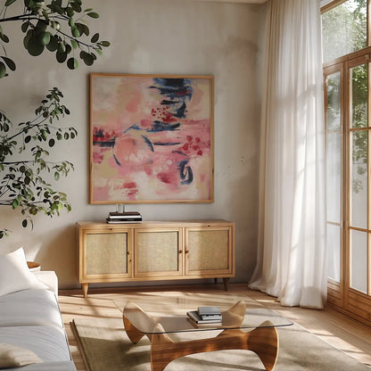 Sakura II by Silvia Vassileva. Shown in a natural wood frame in a cozy modern living room. Available as an archival giclee rolled canvas, fine art paper, or poster print. SKU 37337a.
