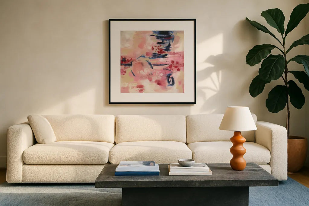 Sakura II by Silvia Vassileva. Displayed in a glass frame with matte in a clean modern living room. Available as an archival giclee rolled canvas, fine art paper, or poster print. SKU 37337a.