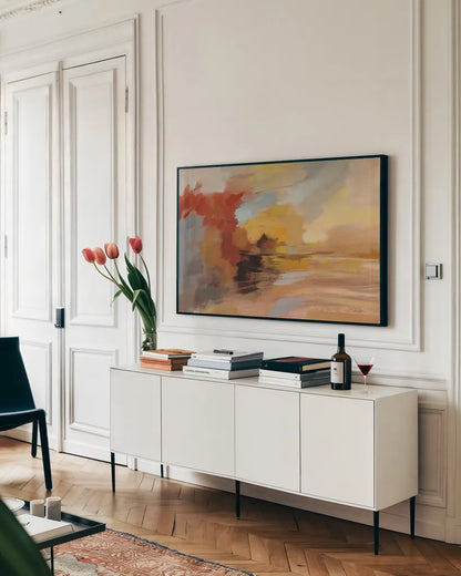 Sandstorm Crop by Silvia Vassileva. shown as a framed stretched canvas in a living room above a console. Available as a archival giclee rolled canvas, fine art paper, or poster print. SKU 75991i.