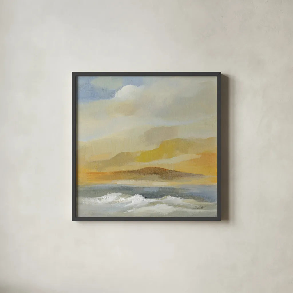 Sandy Coast I by Silvia Vassileva. Shown in a sleek black glass frame for a contemporary gallery look. Available as an archival giclee rolled canvas, fine art paper, or poster print. SKU 84812a.