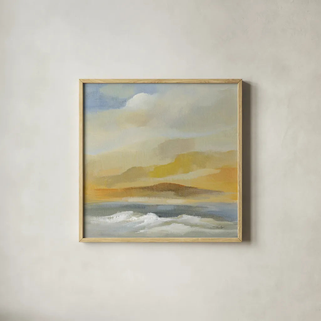 Sandy Coast I by Silvia Vassileva. Shown in a natural wood glass frame for a timeless modern aesthetic. Available as an archival giclee rolled canvas, fine art paper, or poster print. SKU 84812a.
