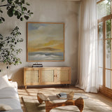 Sandy Coast I by Silvia Vassileva. Shown in a natural wood frame in a cozy modern living room. Available as an archival giclee rolled canvas, fine art paper, or poster print. SKU 84812a.
