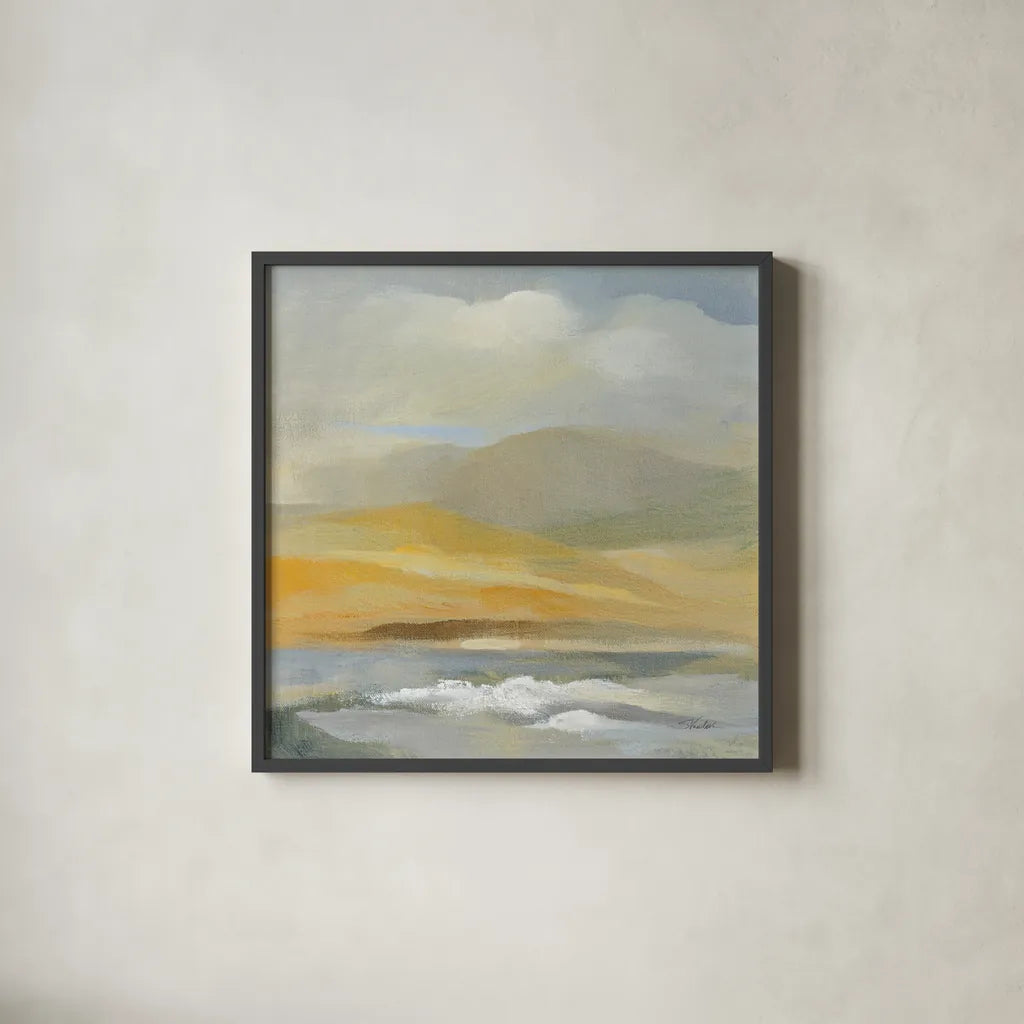 Sandy Coast II by Silvia Vassileva. Shown in a sleek black glass frame for a contemporary gallery look. Available as an archival giclee rolled canvas, fine art paper, or poster print. SKU 84813a.