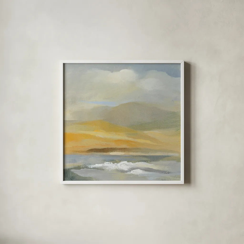 Sandy Coast II by Silvia Vassileva. Shown in a crisp white glass frame for a clean and minimalist style. Available as an archival giclee rolled canvas, fine art paper, or poster print. SKU 84813a.