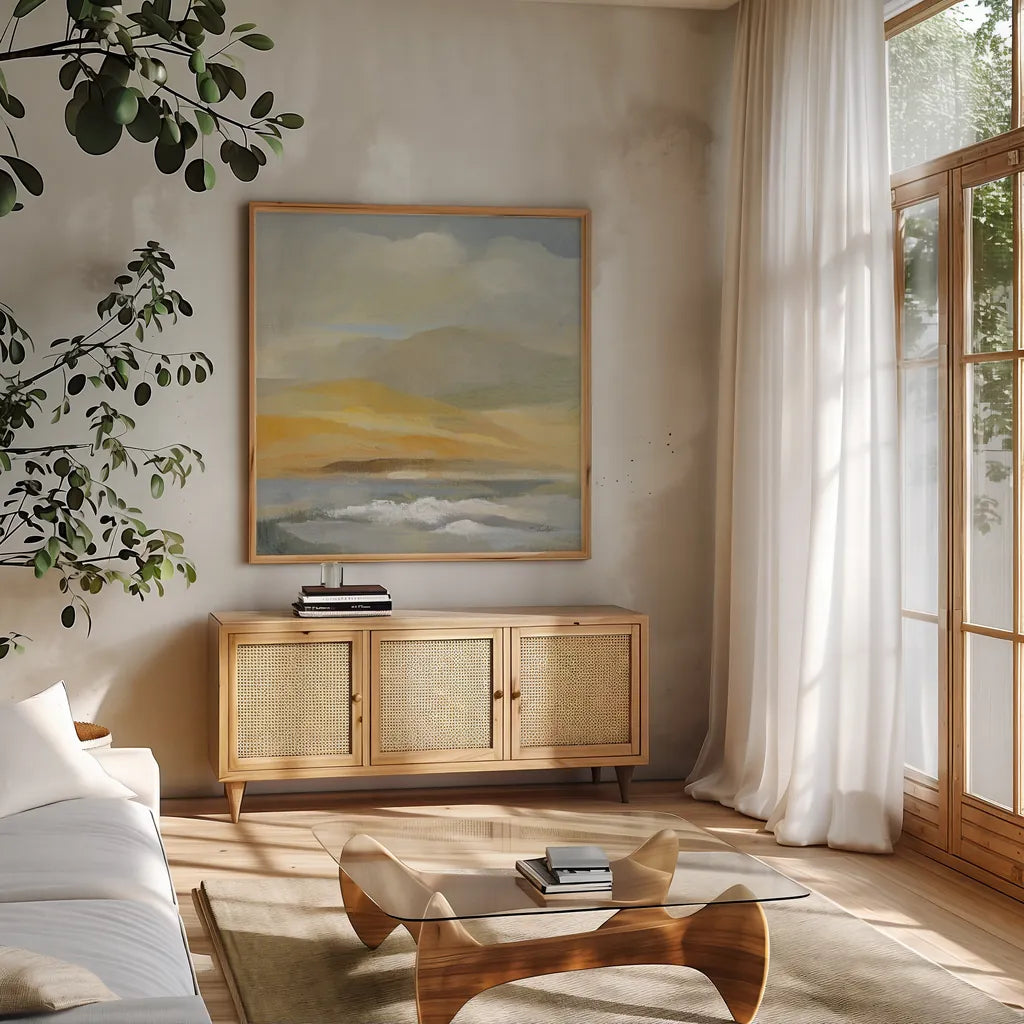 Sandy Coast II by Silvia Vassileva. Shown in a natural wood frame in a cozy modern living room. Available as an archival giclee rolled canvas, fine art paper, or poster print. SKU 84813a.