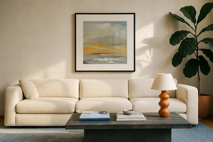 Sandy Coast II by Silvia Vassileva. Displayed in a glass frame with matte in a clean modern living room. Available as an archival giclee rolled canvas, fine art paper, or poster print. SKU 84813a.