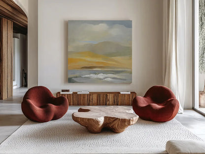 Sandy Coast II by Silvia Vassileva. Shown as extra-large giant wall art in a modern living room. Available as an archival giclee rolled canvas, fine art paper, or poster print. SKU 84813a.